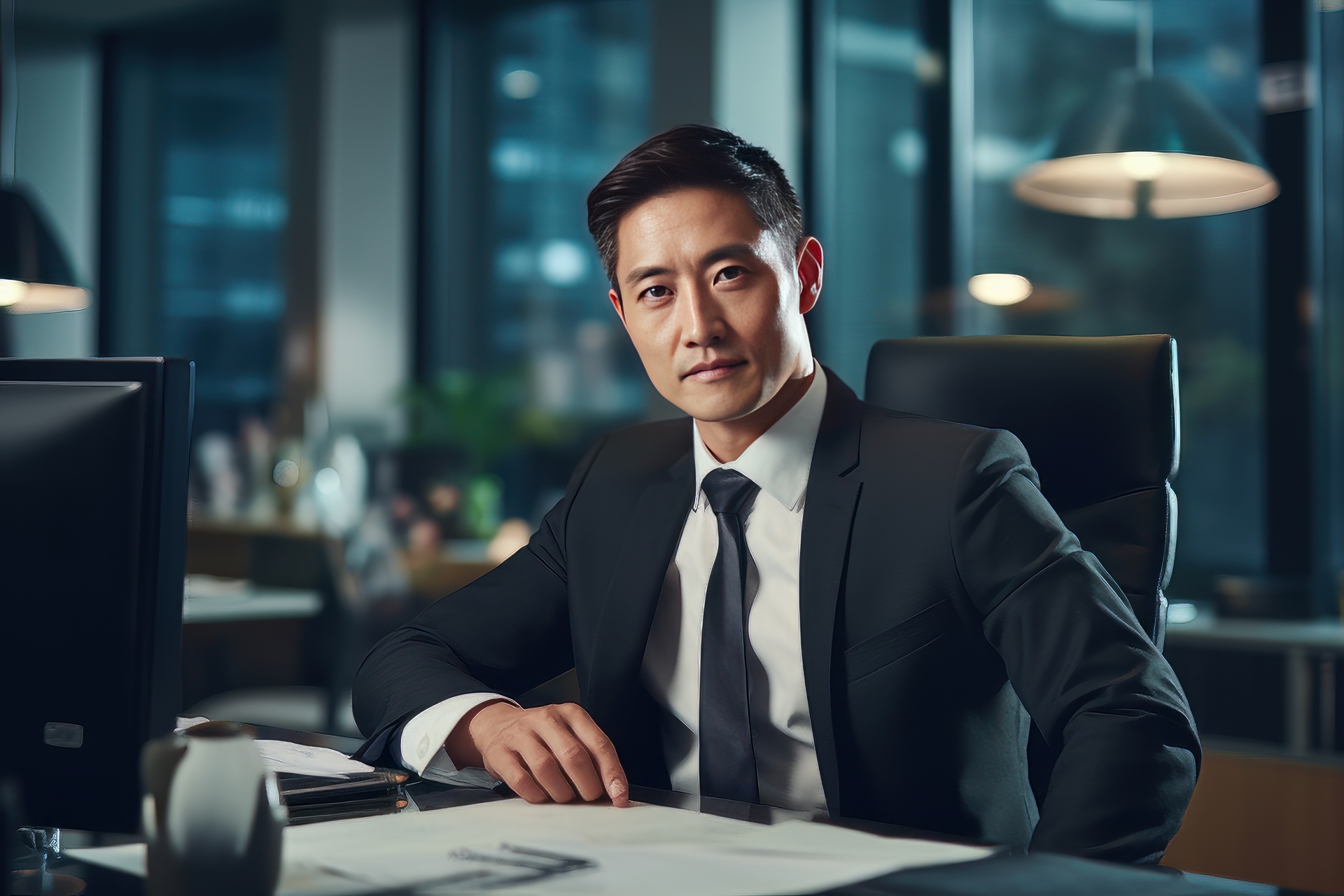 Portrait of a Handsome Businessman in Modern Office, Asian Manager Looking at Camera and Smiling, Confident Male CEO Planning and Managing Company Strategy. Generative Ai